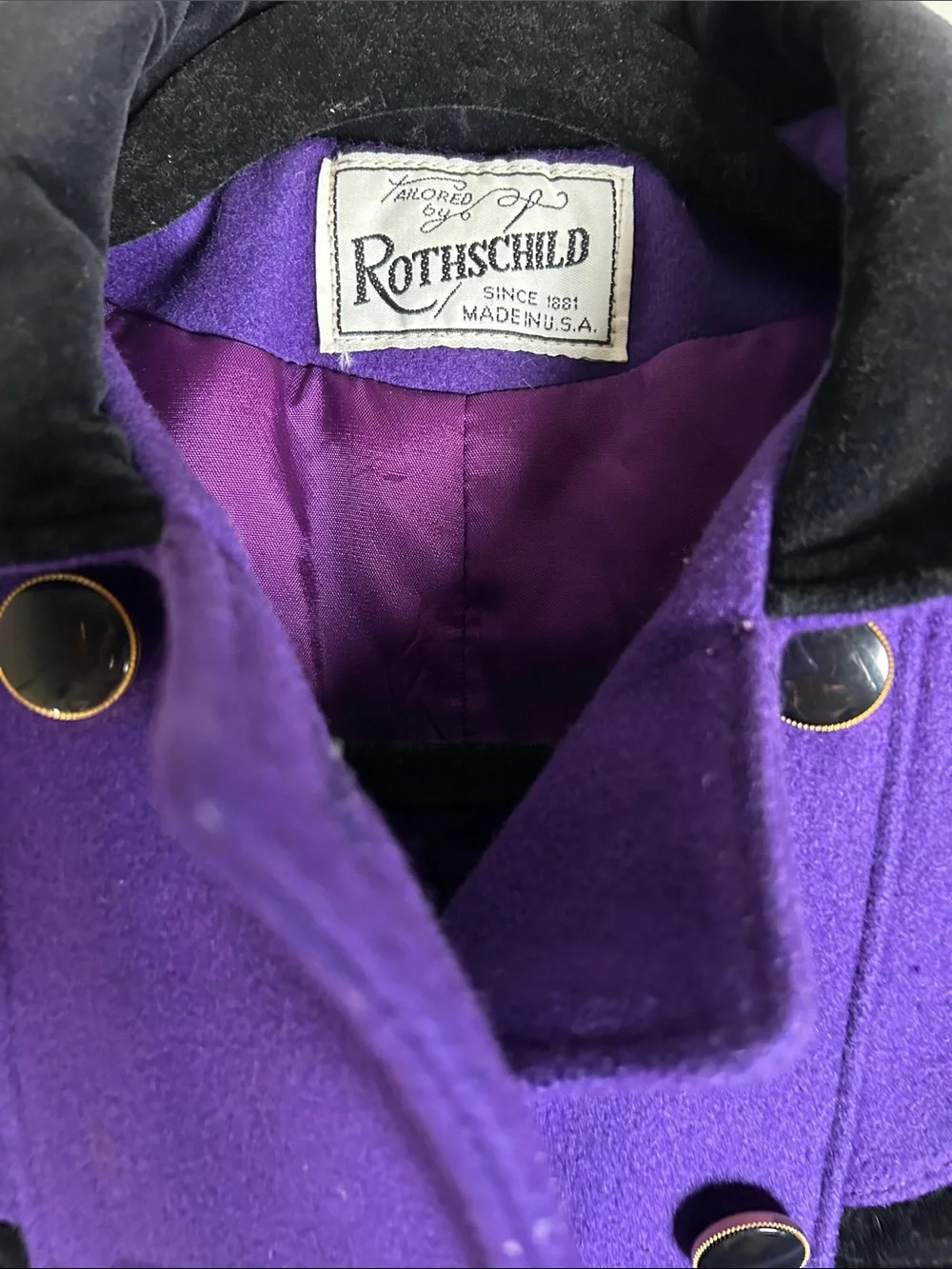 Vintage Rothschild Vibrant Purple Double-Breasted Wool Coat with Black Trim